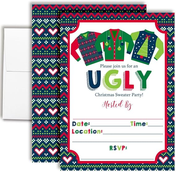 Amanda Creation Christmas Invitations with Envelopes Ugly Sweater Christmas, 8 Pack 5x7 Double Sided Fill-In Invite Cards with Eight White Envelopes Perfect for Holiday Parties