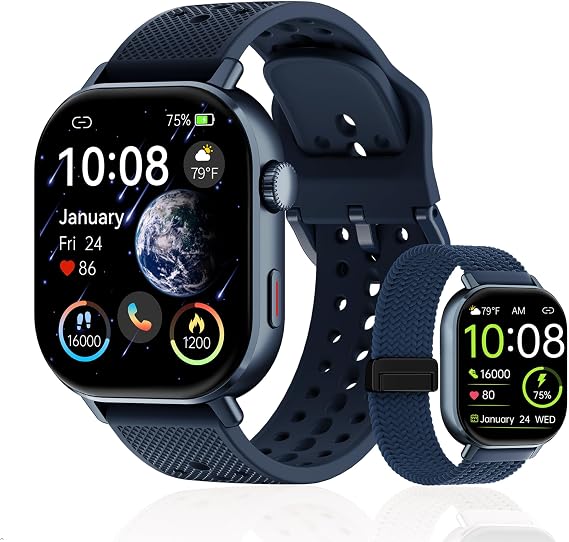 2026 Distance & Pace GPS Running Watch for Runners - Call & Text, AMOLED Large Screen, 50m Waterproof Swimming, Calorie & Step Counter, 2 Bands, Long Battery, for Seniors Men Women(Blue)