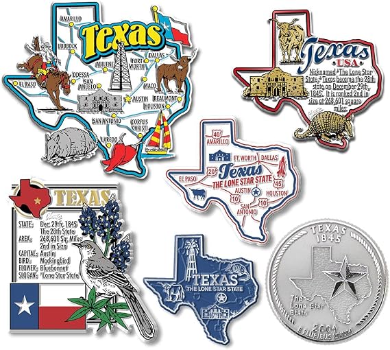 Texas Six-Piece State Magnet Set by Classic Magnets, Includes 6 Unique Designs, Collectible 3D Rubber Vintage-Style Souvenirs and Gifts Made in the USA