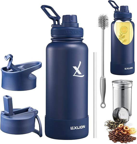 Lexlion Tea Infuser Water Bottle 32 Oz Triple Wall Insulated Stainless Steel, Loose Leaf & Fruit Strainer, 3 Leakproof Lids, BPA-Free Silicone Sleeve, Reusable Thermal Mug