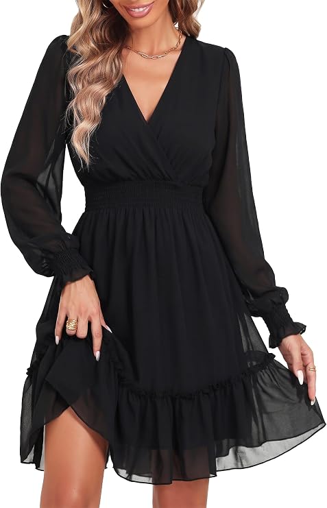 Prettywear Women's Floral Chiffon Long Sleeve Mini Dress Flowy A-Line Wrap Neck Tie Back Short Dress