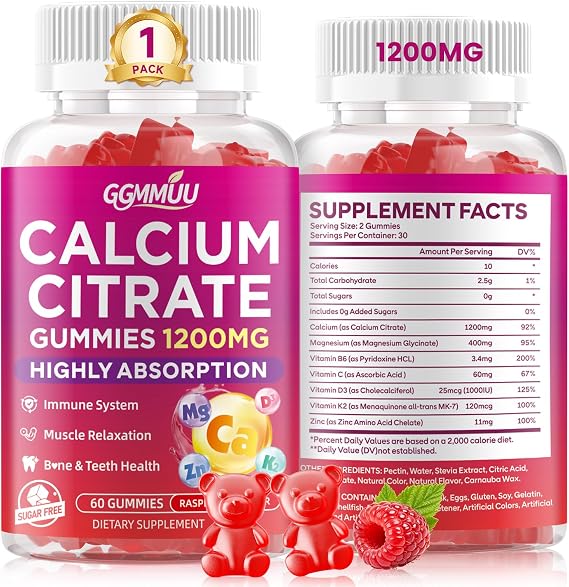 Calcium Citrate 1200mg Gummies with D3 K2 & Magnesium, 60 Count | High Absorption Calcium for Women & Men, Supports Bone & Muscle Health, Sugar Free, Vegan, Non-GMO, Raspberry Flavor