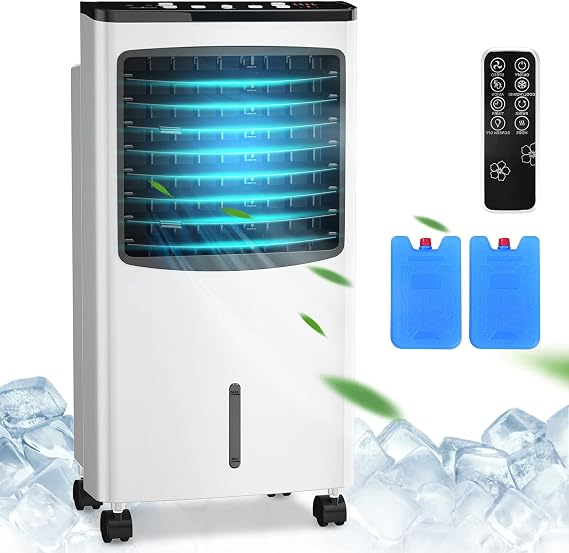 Portable Evaporative Air Cooler, 3-in-1 Oscillation Cooling Fan with Remote Control, 2 Ice Packs, Humidifying, 3 Speeds, 7.5H Timer, Personal Swamp Cooler for Bedroom Home Office Garage