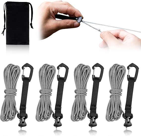 4 Pack Guy Lines-Ultra-Light Tent Ropes with Clips, 2mm 100% Nylon Guylines Ropes for Outdoor Camping Tent Tarp,Hiking Backpacking(Grey, 4M)