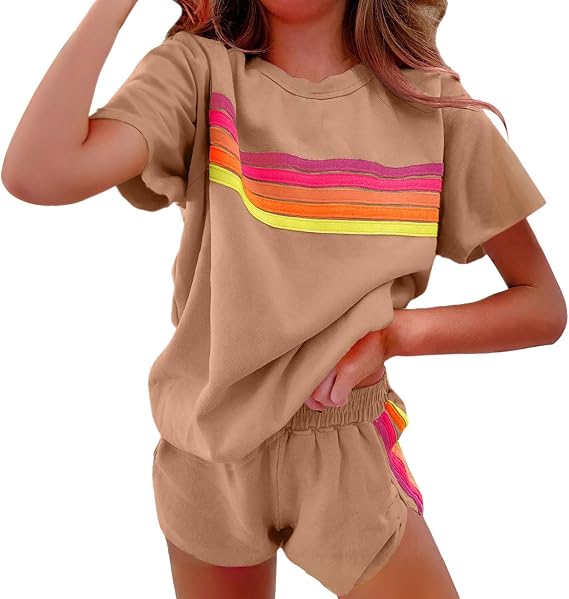 2 Piece Lounge Sets for Women Trendy Rainbow Striped Tops Elastic Waist Shorts Outfits Summer Loose Fit Tracksuits