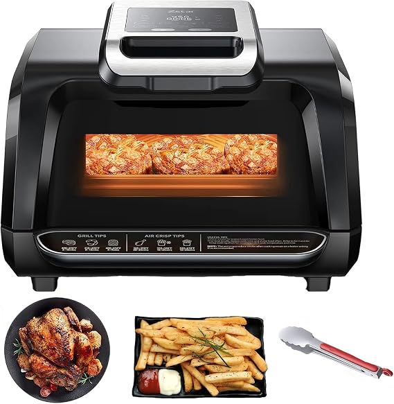 Indoor Grill Air Fryer Combo with See-Through Window, 7-in-1 Smokeless Electric Air Grill up to 450F, 1750W Contact Grill with Non-Stick Removable Plates, Even Heat, Silicon Tongs as Gift, 4Qt