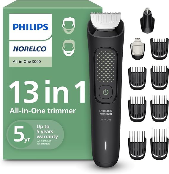 Philips Norelco All-in-One 3000 Serisi 13'ü 1 Arada Erkek Düzeltici, Sakal Düzeltici ve Baş Saç Kesme Makinesi, Tam Metal Kendiliğinden Bilenen Bıçaklar ve 8 Uzunluk Ayarı, MG3939/50