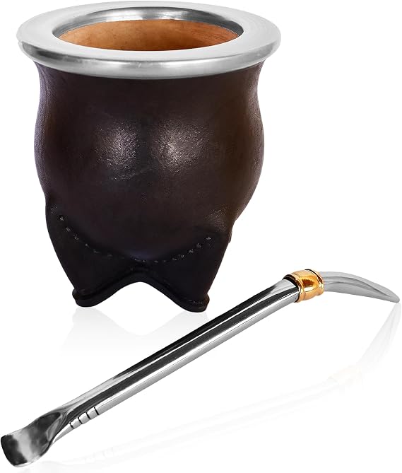 Authentic Artisan Yerba Mate Gift Set Handmade 5.5" Natural Calabash Gourd with Leather Cover + Stainless Steel Bombilla Traditional Argentine Kit (Gift Ready)