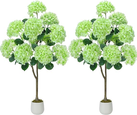 GTIDEA 2 Pcs 4 Ft Artificial Hydrangea Trees Potted, Green | Faux Silk Hydrangea Plant in Pot for Indoor Outdoor Decoration, Hydrangea Topiary for Garden Office Home Porch Patio Decor