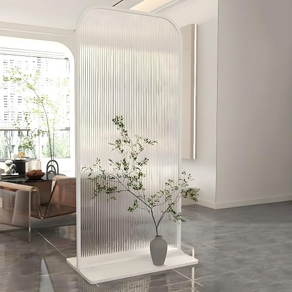 LAKIQ Translucent Glass Room Divider with Metal Frame Modern Single Panel Freestanding Room Privacy Partition Wall Divider Separator Indoor Decorative Separator (White- Changhong Glass, 23.6"L x 67"H)