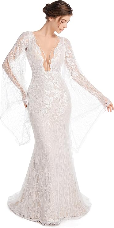Sorayan Luxury Lace Flare Sleeves Mermaid Wedding Dress Boho Beach Sexy Deep V Open Back Bridal Gowns