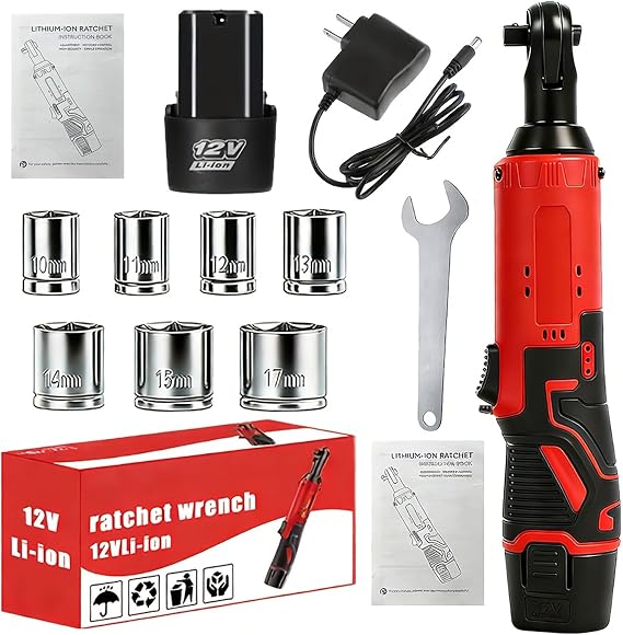 Cordless Electric Ratchet Wrench Set, Brushless Electric Ratchet Wrench with Battery and Fast Charger for Home Car Repair (Red)
