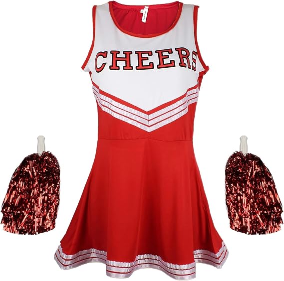 Cherry-on-Top Cheerleader Costume for Women – Red High School Fancy Dress Outfit with Pom Poms, Ladies XXL Cheerleader Outfit