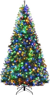 Goplus 8FT Pre-Lit Artificial Christmas Tree Auto-SpreadClose up Branches 11 Flash Modes with Multicolored 750 LED Lights & Metal Stand