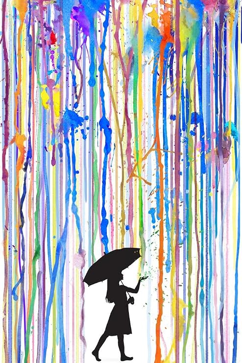 Girl With Umbrella Colorful Rainbow Rain Poster Black Silhouette Walking Abstract Watercolor Painting Cool Wall Art Print Poster 24x36
