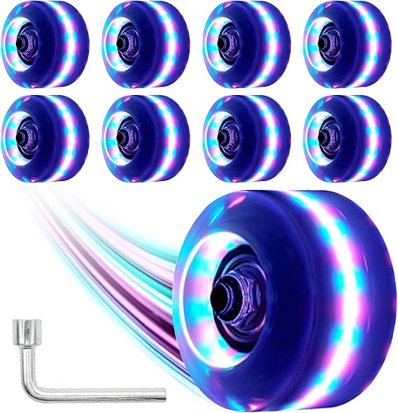 Light Up Roller Skate Wheels 8 Pack, 78A Hardness LED Skateboard Wheels with Premium ABEC-9 Bearings, Illuminating Roller Skate Accessories for Outdoor Indoor Quad Skates