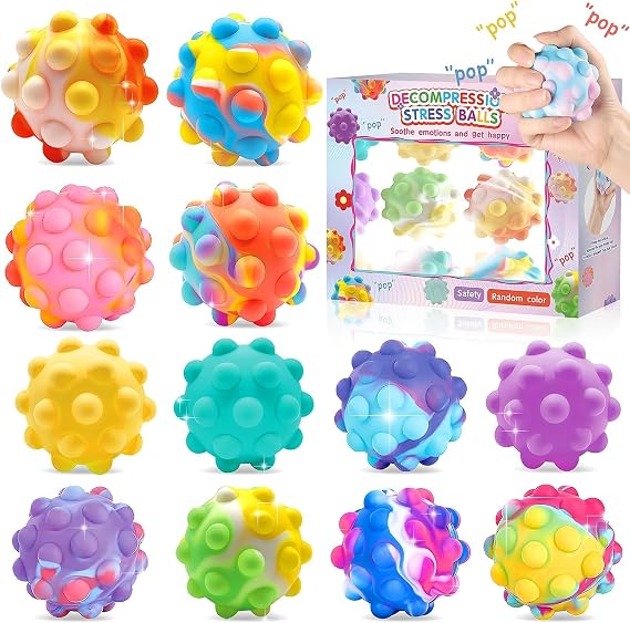 12 Pcs Pop Stress Ball Fidget, 3D Push Bubbles Silicone Bubbles Balls Squeeze Pressure Ball Anti Anxiety Relieve Stress Fit Adults Hand Exercise (Random Color)