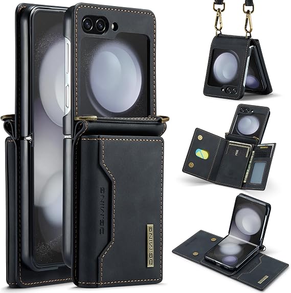 Compatible with Samsung Galaxy Z Flip 5 Case, Three Fold Leather Wallet Phone Cases with Shoulder Strap&Card Holder,Leather Pocket Phone Cases