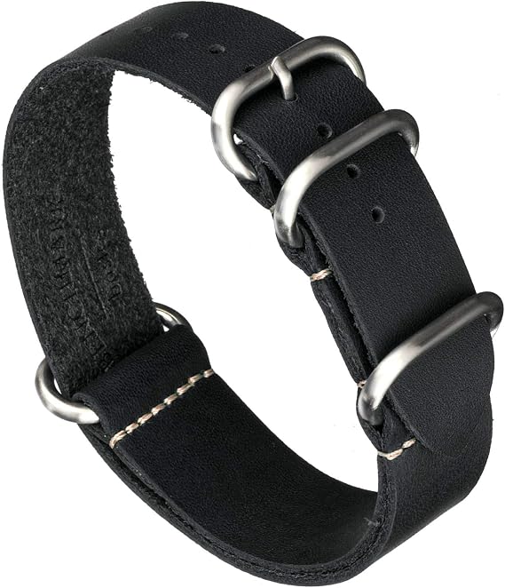 Benchmark Leather Watch Band - Crazy Horse Oiled Leather One-Piece Military Watch Strap - Brushed Stainless-Steel Hardware - 18mm, 20mm, 22mm or 24mm Widths