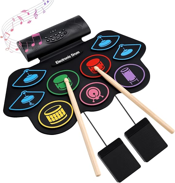 Topteng 9-Pad Electronic Drum Kit Handroll E-Drum Set with Stereo Speakers & Foot Pedals Portable Silicone Drum Pad Kit with Headphone Jack Musical Instrument Gift for Children & Beginners