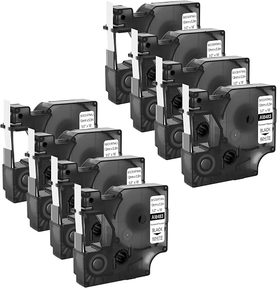 8 PC Label Tape Compatible for Dymo Permanent Polyester Industrial Tape 18483 A18483 12mm 1/2 inch x 18 Feet, Replacement for Rhino 1000 3000 5200 4200 5000 6000 Label Maker, Black on White