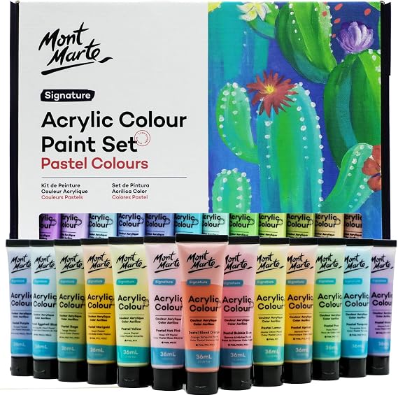 Mont Marte Acrylic Colour Pastel Paint Set Signature 24pc x 36ml (1.2 US fl.oz), Creamy Pastel Acrylic Paint Set, Good Coverage, Semi-Matte Finish, Ideal For Most Art and Craft Surfaces.