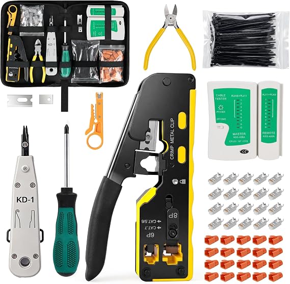RJ45 Crimp Tool Kit, Pass Through Crimper for Cat6/Cat7, All-in-One Network Repair Set with Stripper, Cutter, Punch Down Tool, Cable Tester & Storage Case – Professional LAN Cable Kit