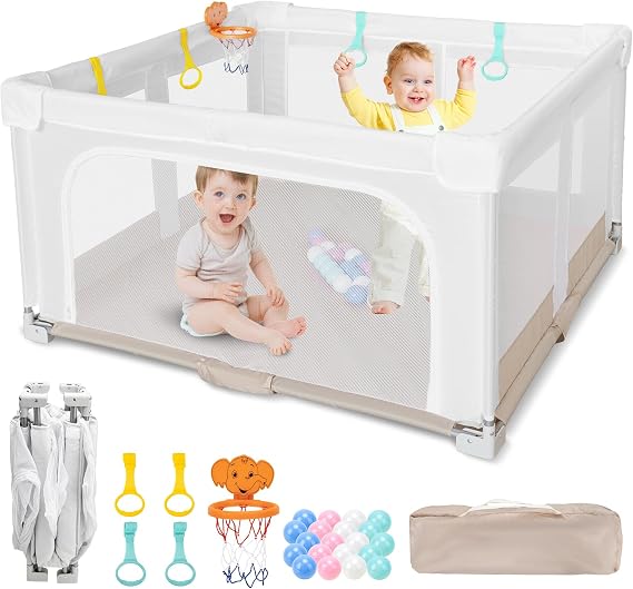 Large & Foldable Baby Playpen for Toddlers: 127x127x70 cm Indoor & Outdoor Baby Play Pen with 20 Ocean Balls,1 Basketball Hoop,4 Playpen Handles and 1 Travel Bag - Ideal Play Area for Kids