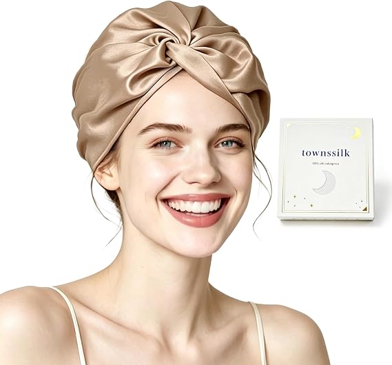 townssilk 100% Mulberry Silk Women's Night Cap, 16 Momme Sleep Cap, Silk Shower Cap, Good for Hair, Protects Hair, Silk Night Cap, Double Layer, Coffee