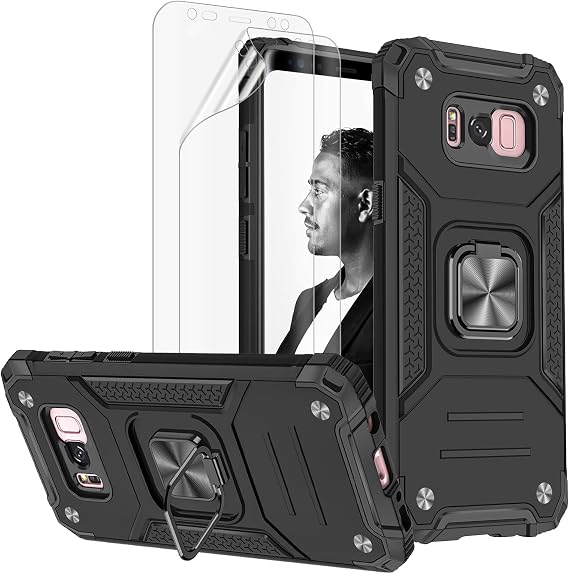 Jeylly Galaxy S8 Case, S8 Case Hybrid Shockproof Heavy Duty Case with Magnetic Car Mount Kickstand and HD Screen Protector [2 Pack], Full Body Protective Case for Samsung S8, Black | Hybrid Shockproof Heavy Duty Case with Kickstand and HD Screen Protector [2 Pack], Full Body Protective Cover for Samsung S8