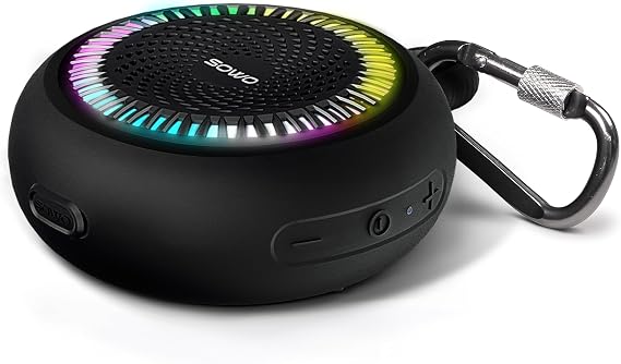 SOWO Shower Speaker Bluetooth Waterproof, Small Speaker Portable Wireless | Powerful Bass and Louder Volume | Colorful Lights and Lightweight with Clip | Pocket Size for Bathroom, Travel, Beach | Black
