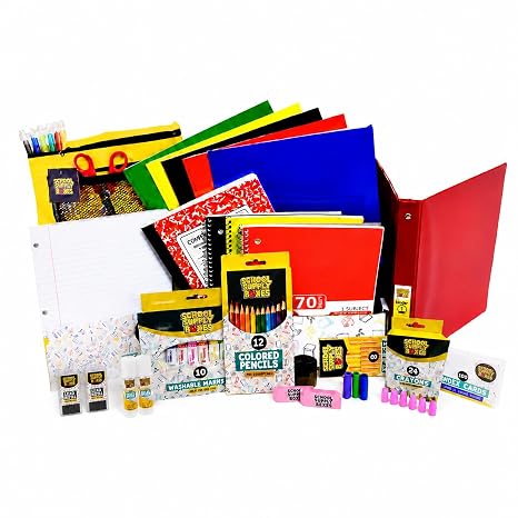 Elementary School Essentials Bundle | 1 Box - 91 Pieces per Box | School Supply Boxes - Back to School Essentials | Includes Binders, Folers, Notebooks, Filler Paper, Pencils, Notecards, Pens, More