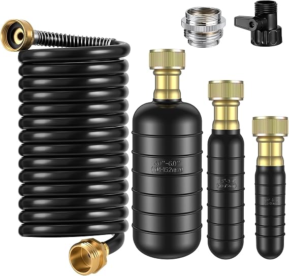 3 Pcs Drain Bladder Kit, Drain Cleaning Bladder Fits 1" to 6" Pipes, with 10 ft Retractable Hose, Shut-Off Valve & Brass Faucet Adapter Fits Most Faucets For Sinks, Showers, Pools & Drains (Black)