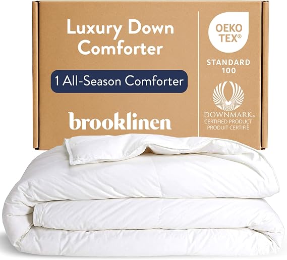 Brooklinen All-Season Canadian Down Comforter, Luxury Medium Warmth Duvet Insert, 100% Cotton Sateen Shell, Fluffy Year-Round Bedding, Baffle Box, Secure Duvet Loops - Full/Queen