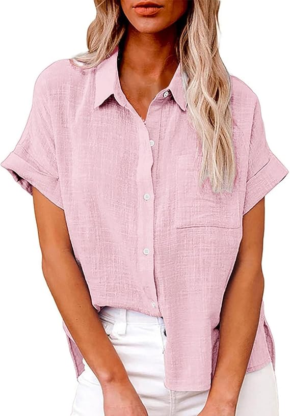 SHAOBGE Womens Cotton Linen Shirts V Neck Roll Up Tops Button Down Short Sleeve Loose Shirt Summer Casual Work Tunic Blouses