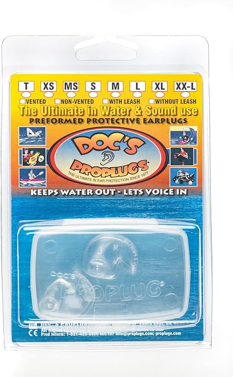 Medium Small Vented Docs Proplugs Clear Reusable Earplugs for Surfing, Swimming, Diving & Water Sports | Blocks Cold Water & Wind | Helps Equalize Pressure | Made in USA