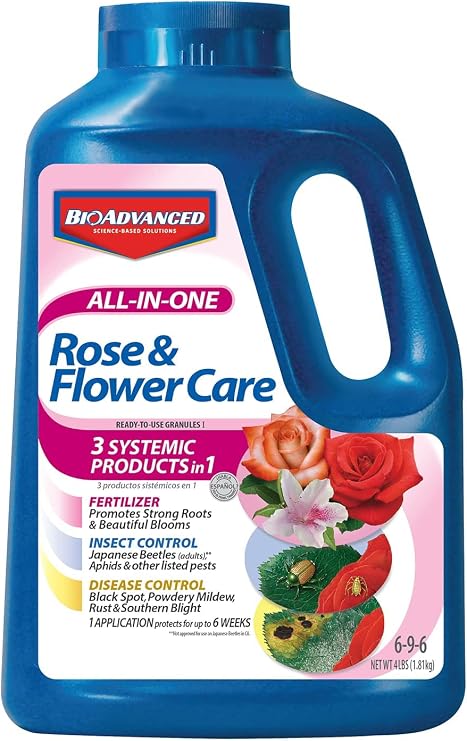 BioAdvanced All-in-One Rose and Flower Care I Granules - 4 lb Bottle | Fertilizer, Insect Control, and Disease Control - Prevents Pests and Diseases - Up to 6 Weeks Protection