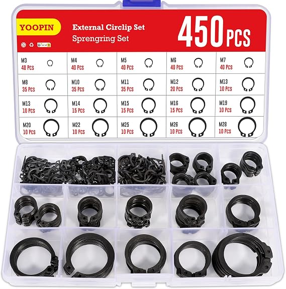 450PCS Circlips Assorted Kit for Bearings and Moving Parts