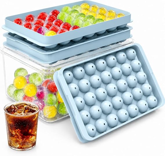 Ice Cube Tray with Lid and Bin 2-Second Twist Release,BPA-Free, Stackable Freezer Organizer, Round Ice Cube Mold, Ice Ball Maker for Cocktails, Coffee,Cocktails(Fresh Blue-2Pack,70 Balls&Box-1.0")