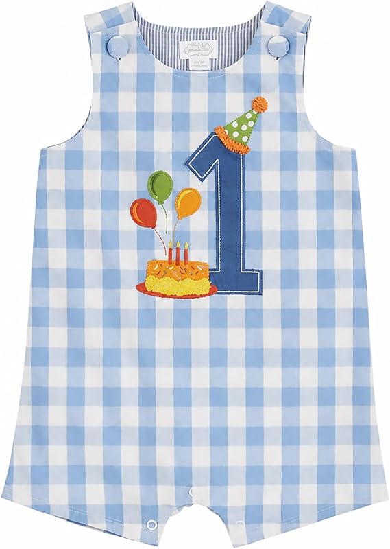 Mud Pie 1st Birthday Onesie, Gingham Jon Jon Outfit | Baby Boy Birthday Outfit with Button Shoulders, 12 to 18 Months