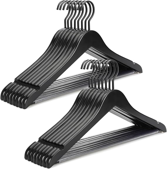 TOPIA HANGER Premium Wooden Hangers, Luxury Boutique Wood Hangers with Extra Thick Hook and Non Slip Pants Bar, Heavy Duty Coat Hanger with Notches 16 Pack, Black -CT01B