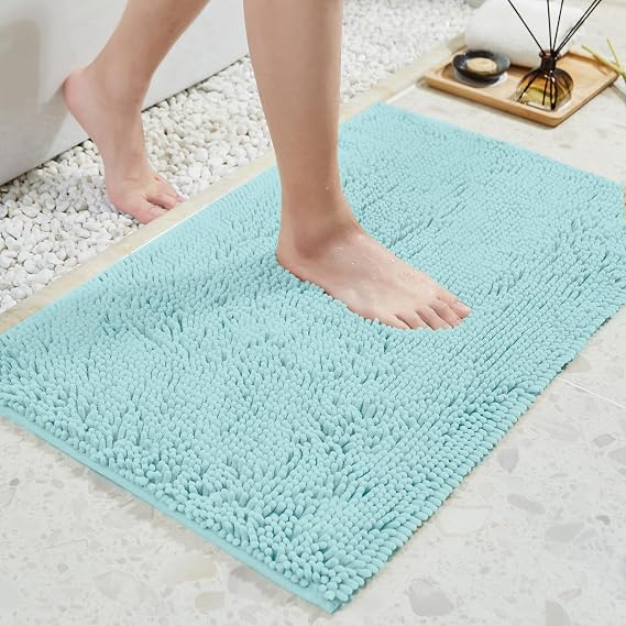 TECHMILLY Soft Fluffy Chenille Bathroom Rugs, Non Slip Absorbent Bath Mats for Bathroom, Washable and Quick Dry, Light Blue, 20" x 32"