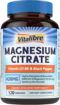 Magnesium Citrate Supplement with Vitamins D3 & B6, 420 mg Elemental citrato de magnesio, Bone Health, Relaxed Brain, Nerves, Enhanced Absorption with Black Pepper, 120 Capsules, Non-GMO