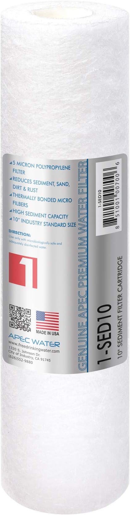 APEC Water Systems 1-SED10 US Made 5 Micron 10 x 2.5 Sediment Water Filter for Reverse Osmosis System | US Made, Removes Dust, Particles, and Rust, High Sediment Capacity, Thermally Bonded Micro Fibers