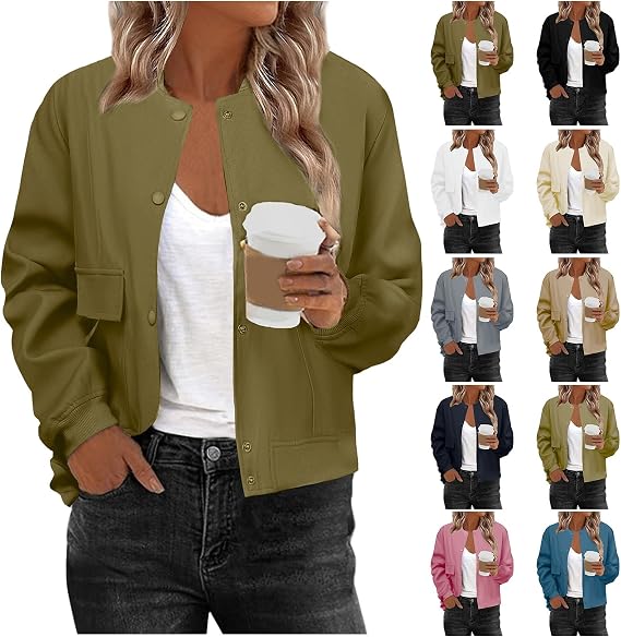 Women Bomber Jacket Casual Button Down Varsity Jackets Shackets Long Sleeve Cropped Coat with Pockets Outwear 2025