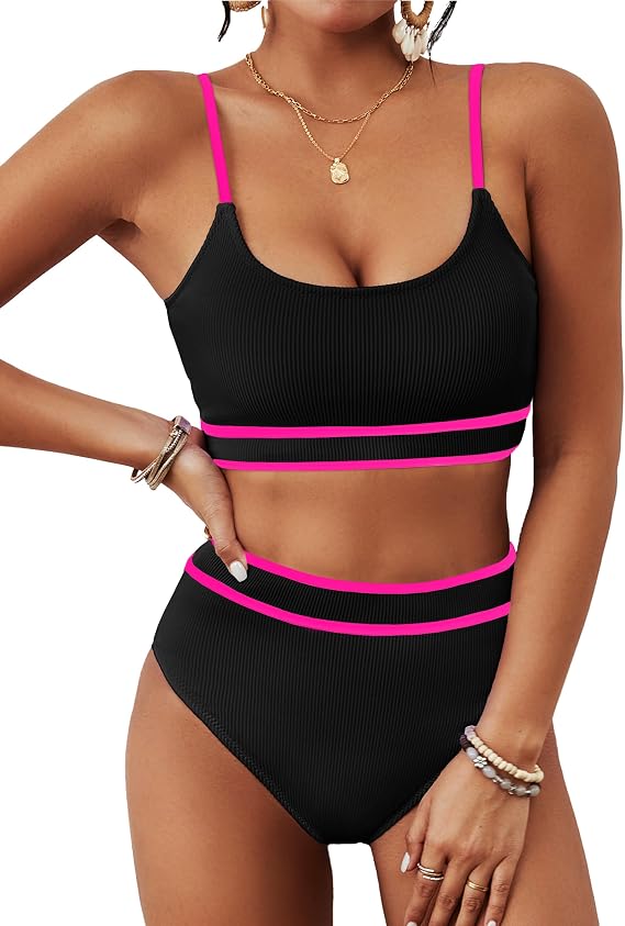 BMJL Womens High Waisted Bikini Sets Ribbed Two Piece Color Block Swimsuits