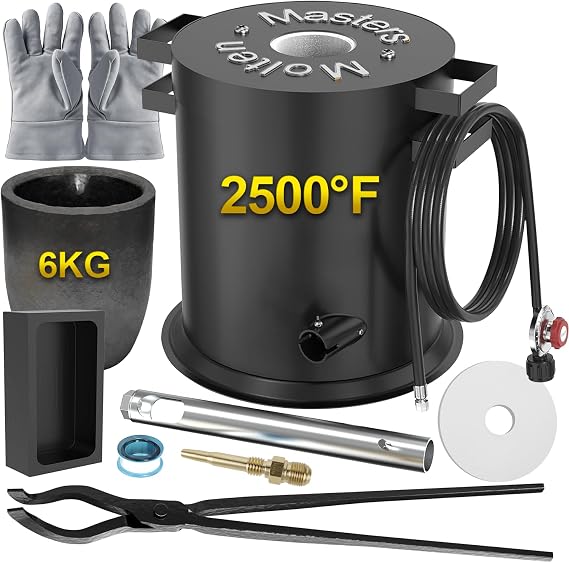 MMasters 6KG Propane Melting Furnace Kit, 2500F High Efficiency | Includes Crucible, Tongs, Ingot Mold and Gloves for Gold Silver Copper Aluminum Melting, Casting and Home Foundry Projects