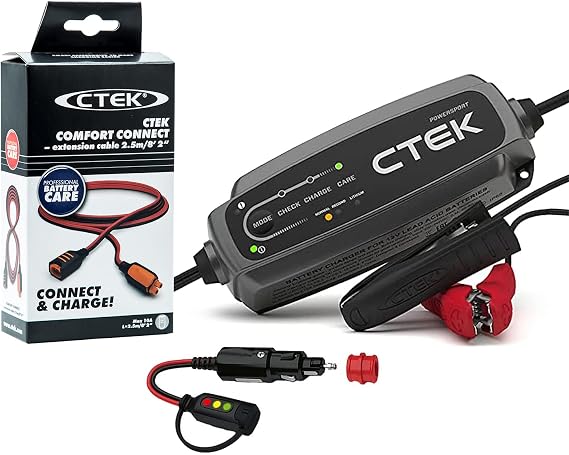 CTEK CT5 Powersport Bundle | CTEK (40-339) CT5 POWERSPORT, 12V Battery Charger for Powersport Vehicles, with CTEK (56-870) Comfort Indicator Cig Plug, and with CTEK (56-304) Comfort Connect Extension