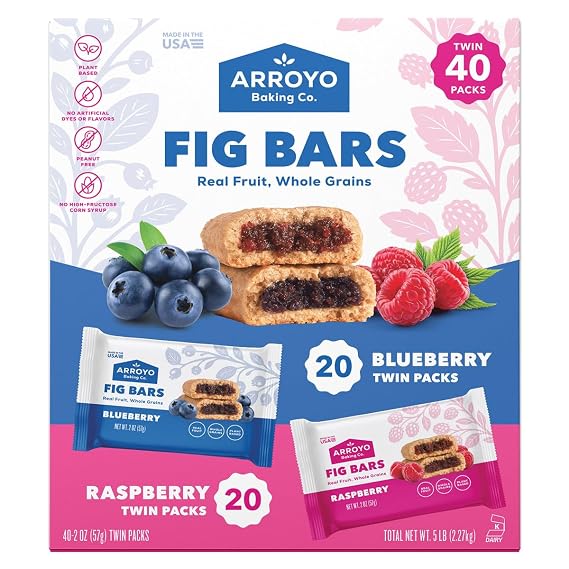 Whole Wheat Fig Bars Variety Pack, Blueberry & Raspberry Twin Packs 80 oz (5 lb), Real Fruit Whole Grain Snack Baked Bars, Plant-Based, Peanut Free, 40 Count by Arroyo