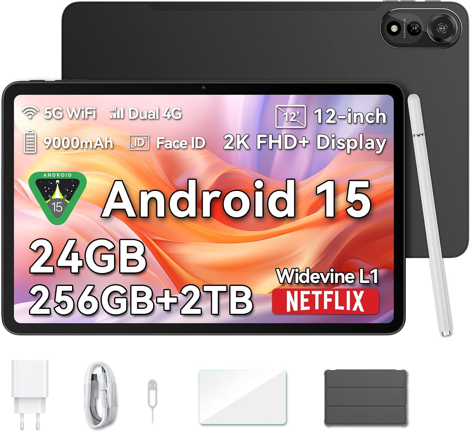 Android 15 Tablet, 12-Inch, 2K IPS Large Screen Blackview MEGA2 Android 15 Tablet 12-Inch, 2000 x 1200 Resolution, 24GB  256GB  2TB Expansion, 9000mAh  PD 18W Fast Charging, 8 Core CPU T615 Widevine L1 Compatible, 4G LTE  WiFi 6 AI Camera  GPS, Protective case included